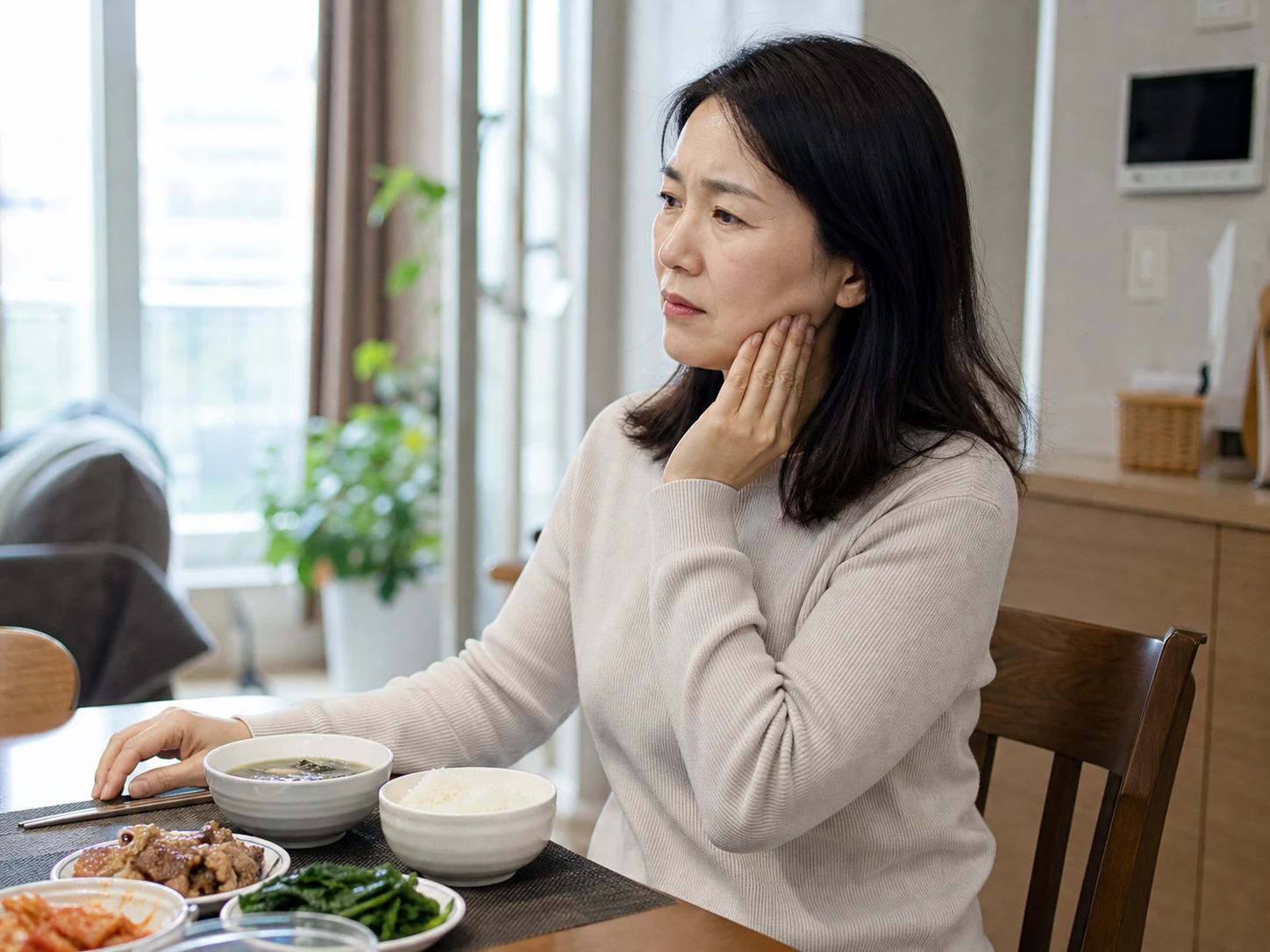 어금니 잇몸 통증 증상을 확인하고 기록하는 장면